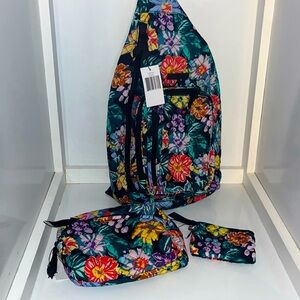 NWT Vera Bradley 3 piece floral set backpack makeup bag and change purse